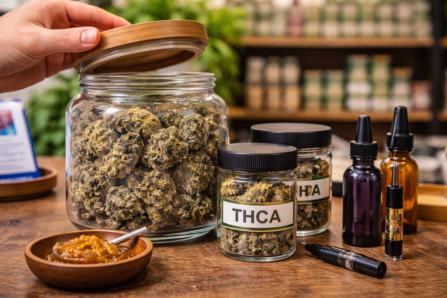 THCA hemp flower and wax concentrate products available at Green Leaf Botanicals 919 in Raleigh North Carolina