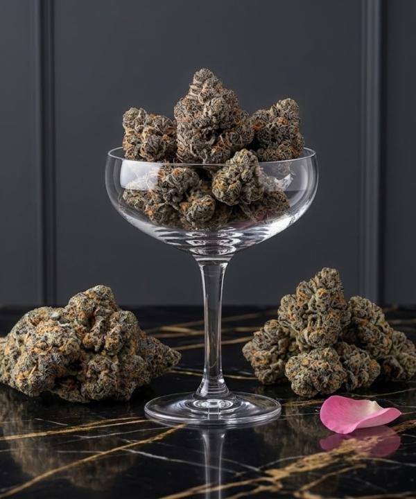 Frosty purple RS 11 hybrid THCA flower nugs in a champagne glass on marble.