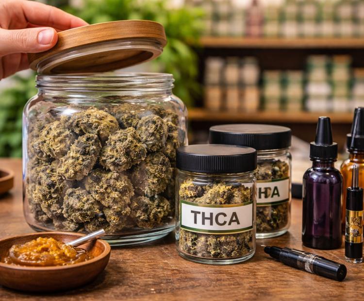 Customer examining lab tested hemp flower and hemp products at a Raleigh North Carolina hemp dispensary